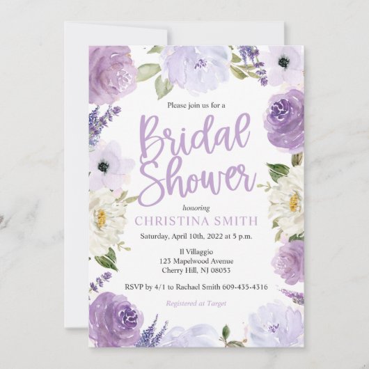 Invitations de douches nuptiales florales violette (Devant)