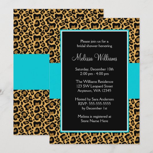 Invitations de douches nuptiales Leopard Turquoise (Devant / Derrière)