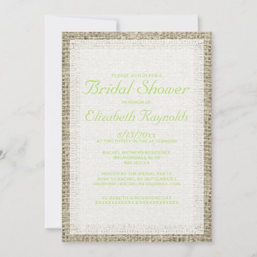 Invitations de douches nuptiales Lime Green Burlap (Devant)
