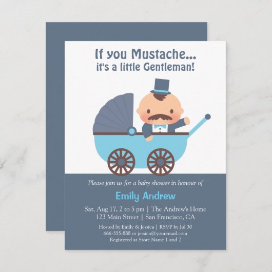 Invitations de douches pour bébé messieurs Mustach (Devant / Derrière)