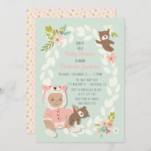 Invitations de douches pour bébé Woodland Bear (Devant / Derrière)