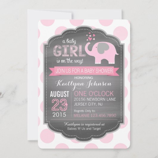 Invitations de douches pour bébés à éléphant rose (Devant)
