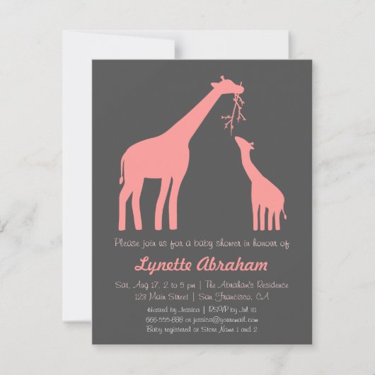 Invitations de douches pour bébés à la Girafe rose (Devant)