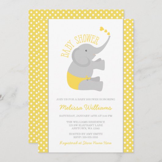 Invitations de douches pour bébés à l'éléphant gri (Devant / Derrière)