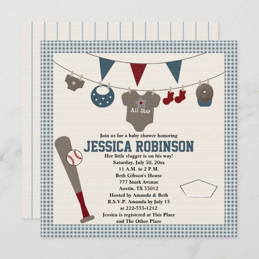 Invitations de douches pour bébés à thème de baseb (Devant / Derrière)