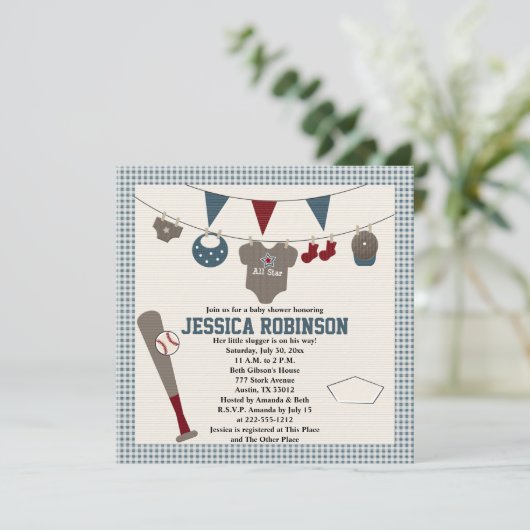 Invitations de douches pour bébés à thème de baseb (Debout devant)