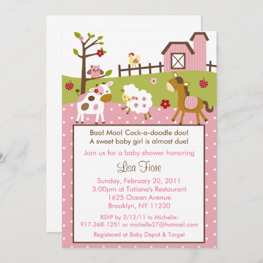 Invitations de douches pour bébés animaux de ferme (Devant / Derrière)