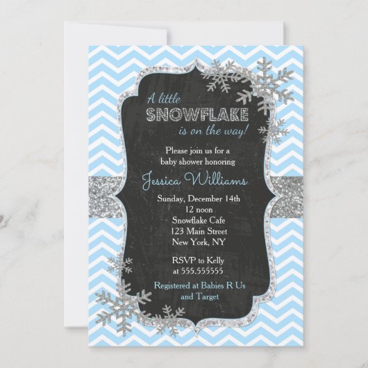Invitations de douches pour bébés Blue Snowflake (Devant)