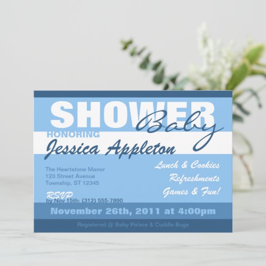 Invitations de douches pour bébés Blue Stripe (Debout devant)