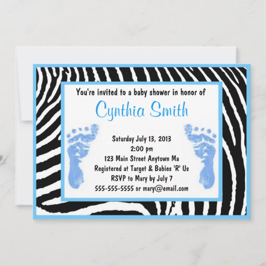 Invitations de douches pour bébés Blue Zebra (Devant)