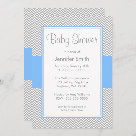Invitations de douches pour bébés Chevron bleu et  (Devant / Derrière)