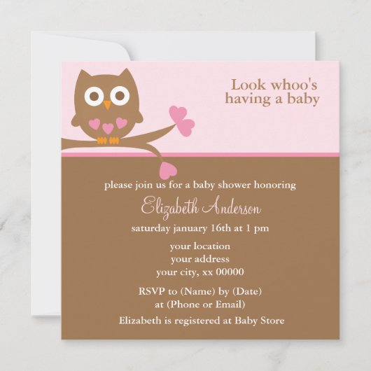 Invitations de douches pour bébés Chouette rose (Devant)
