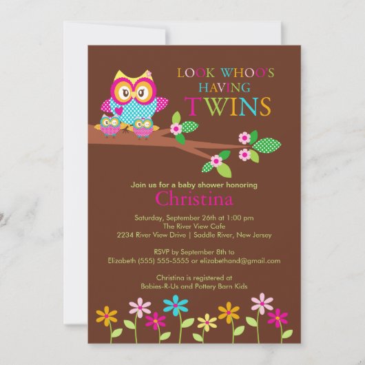 Invitations de douches pour bébés de Twins Owl (Devant)