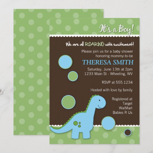 Invitations de douches pour bébés Dinosaur (Devant / Derrière)