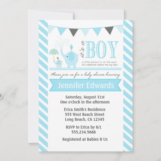 Invitations de douches pour bébés éléphant Invitat (Devant)