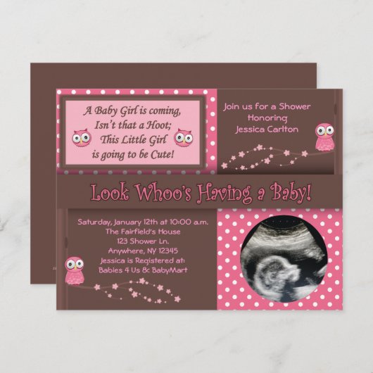 Invitations de douches pour bébés Hibou (Devant / Derrière)