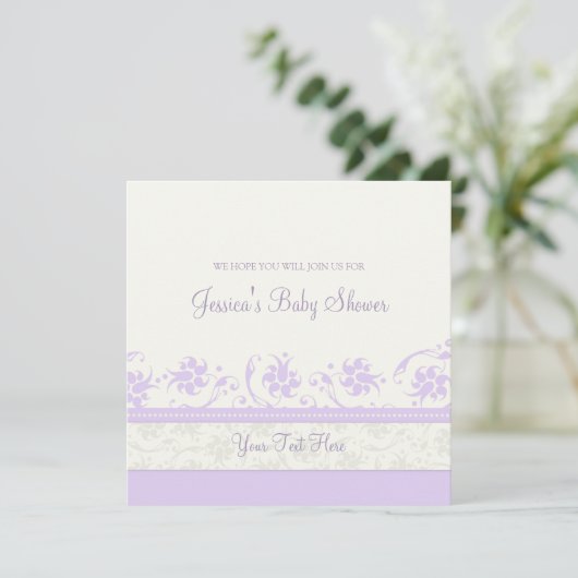 Invitations de douches pour bébés Lilac White Flor (Debout devant)