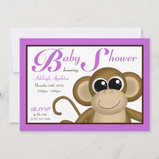 Invitations de douches pour bébés mauves au singe (Devant)