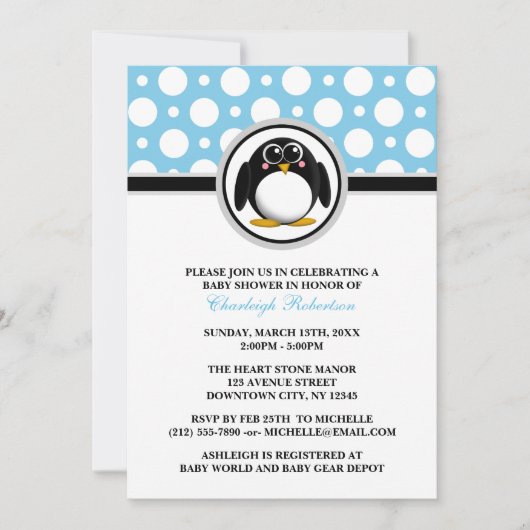 Invitations de douches pour bébés Penguin Blue Pol (Devant)