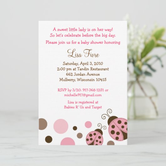 Invitations de douches pour bébés Pink Mod Ladybug (Debout devant)