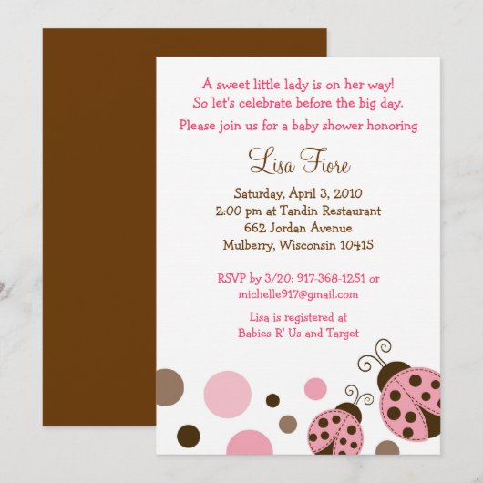 Invitations de douches pour bébés Pink Mod Ladybug (Devant / Derrière)