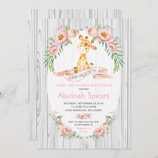 Invitations de douches pour bébés roses à la Giraf (Devant / Derrière)