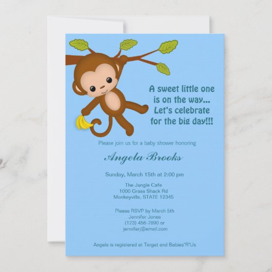 Invitations de douches pour bébés singe Garçon BLU (Devant)