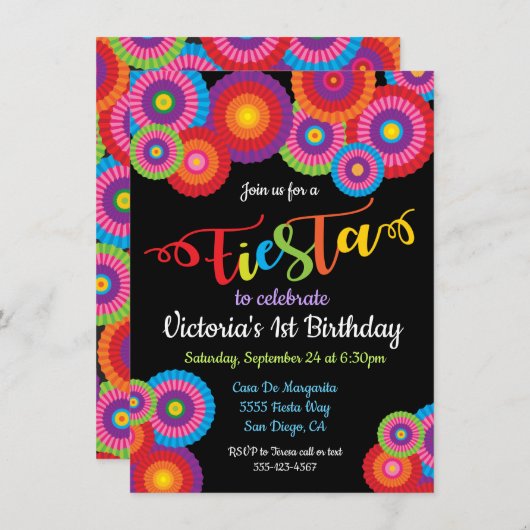 Invitations de fans de fleur de papier Fiesta mexi (Devant / Derrière)