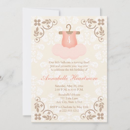 INVITATIONS DE FANTAISIE D'ANNIVERSAIRE DE TUTU DE (Devant)