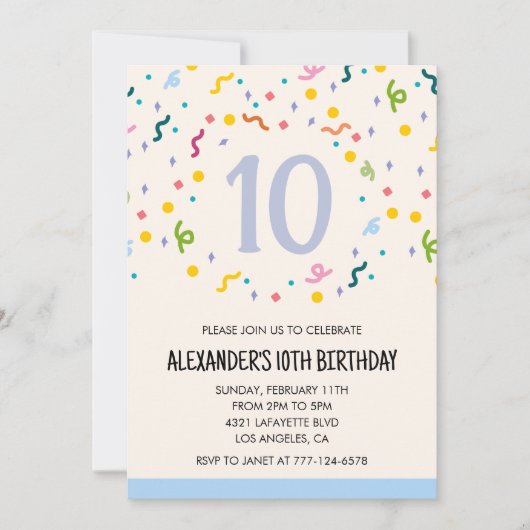 Invitations de fête couleur confetti enfants prima (Devant)