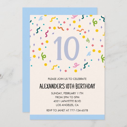 Invitations de fête couleur confetti enfants prima (Devant / Derrière)