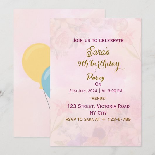 Invitations de fête d'anniversaire (Devant / Derrière)