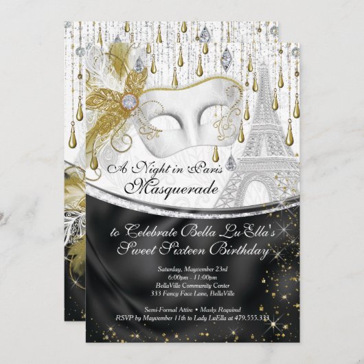 Invitations de fête d'anniversaire à Paris Masquer (Devant / Derrière)