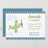 Invitations de fête d'anniversaire d'avion vert et (Devant / Derrière)