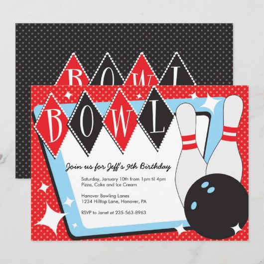 Invitations de fête d'anniversaire de bowling (Devant / Derrière)
