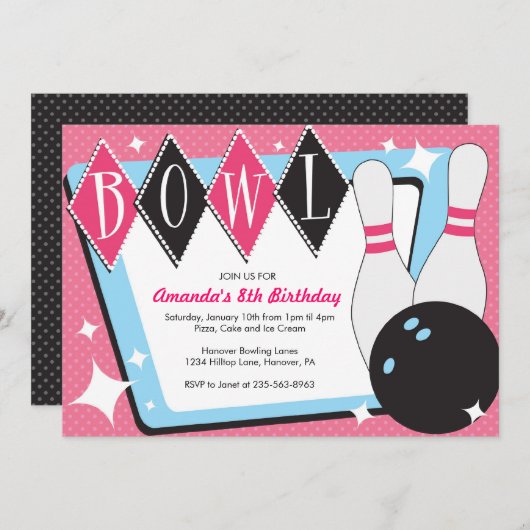 Invitations de fête d'anniversaire de bowling (Devant / Derrière)