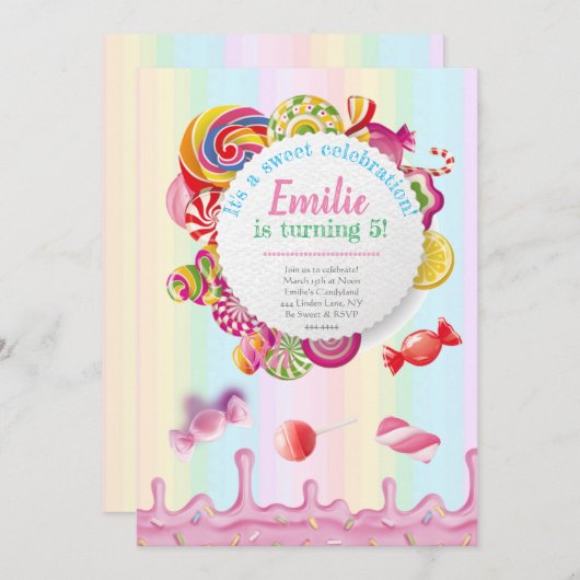 Invitations de fête d'anniversaire de Candyland (Devant / Derrière)