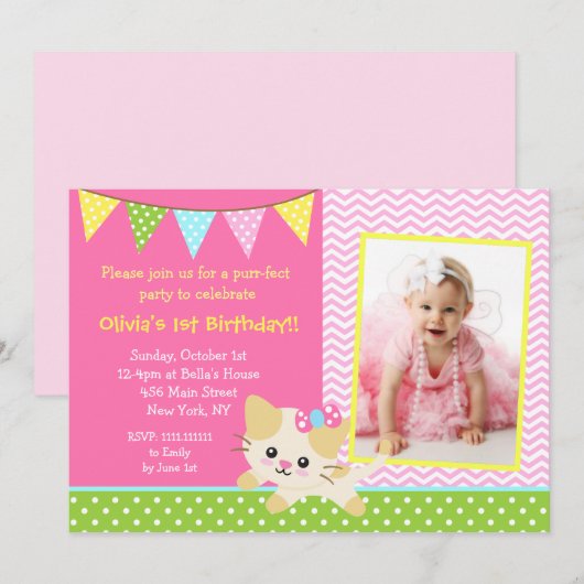 Invitations de fête d'anniversaire de chat de (Devant / Derrière)