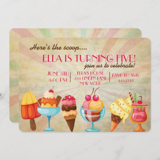 Invitations de fête d'anniversaire de crème glacée (Devant / Derrière)