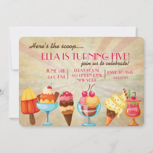 Invitations de fête d'anniversaire de crème glacée (Devant)