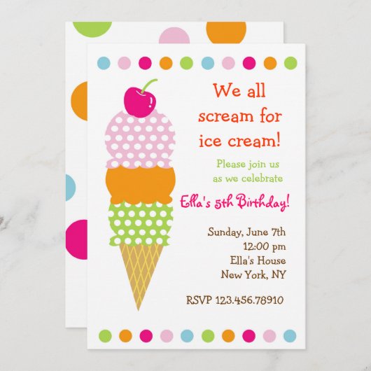 Invitations de fête d'anniversaire de crème glacée (Devant / Derrière)