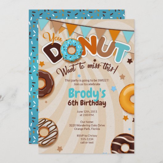 Invitations de fête d'anniversaire de Donut - Garç (Devant / Derrière)