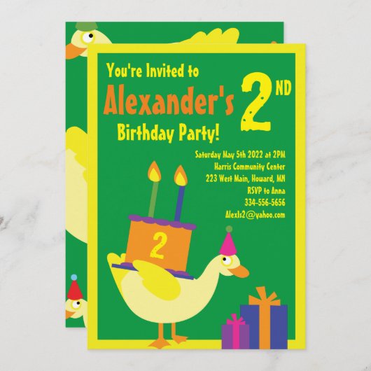 Invitations de fête d'anniversaire de Duck Animal (Devant / Derrière)