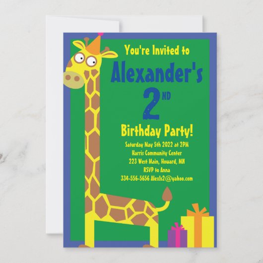 Invitations de fête d'anniversaire de Giraffe Anim (Devant)