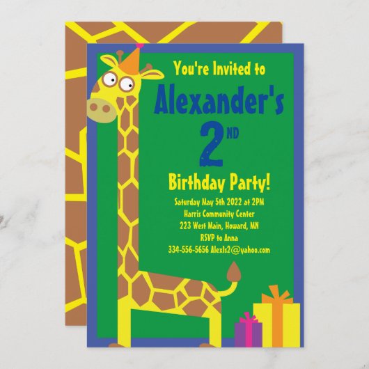 Invitations de fête d'anniversaire de Giraffe Anim (Devant / Derrière)