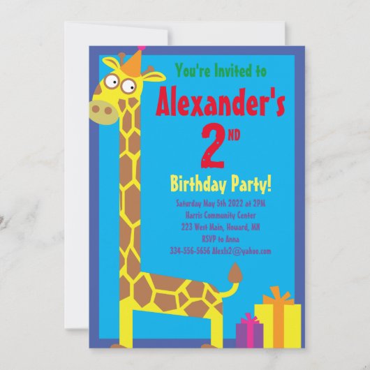 Invitations de fête d'anniversaire de Giraffe Anim (Devant)