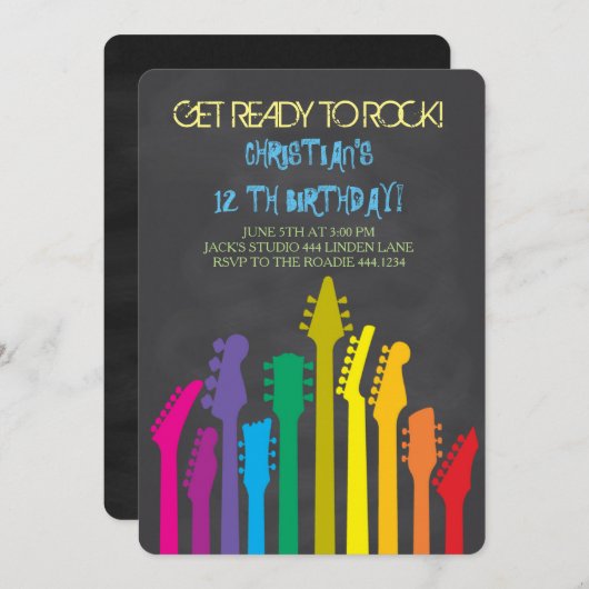 Invitations de fête d'anniversaire de guitare de (Devant / Derrière)