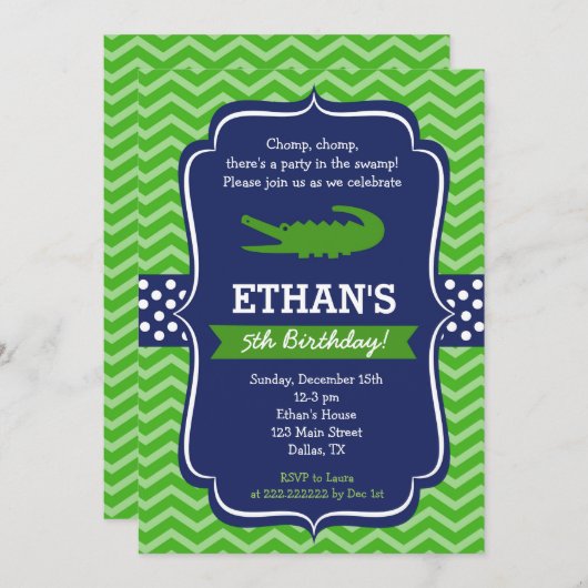 Invitations de fête d'anniversaire de l'Alligator (Devant / Derrière)