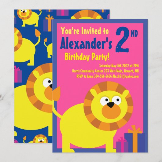 Invitations de fête d'anniversaire de l'animal Lio (Devant / Derrière)
