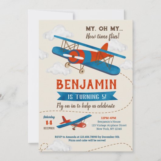 Invitations de fête d'anniversaire de l'avion vint (Devant)